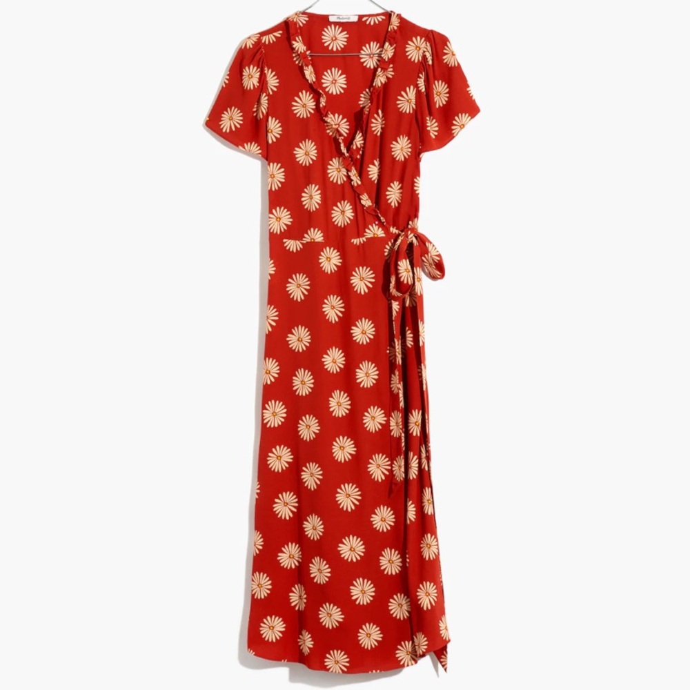 NWT Madewell Red Wrap Maxi Dress with Cream Daisy Print